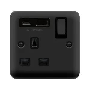 Click Deco Plus DPMB585BK 13A Ingot 1G Switched Safety Shutter Socket   Type A&C USB - Matt Black (Black)
