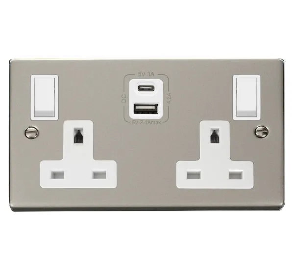Click Deco VPPN786WH Victorian 13A 2G Switched Socket   Type A&C USB - Pearl Nickel (White)