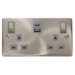 Click Deco VPSC586GY Victorian 13A Ingot 2G Switched Socket   Type A&C USB - Satin Chrome (Grey)