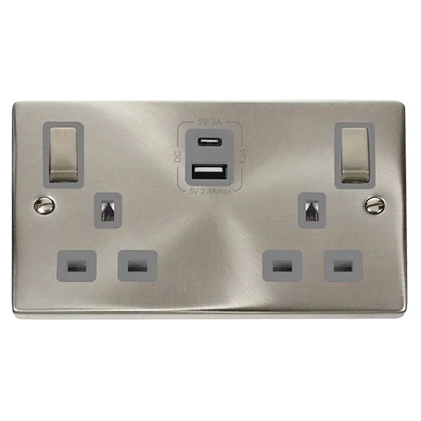 Click Deco VPSC586GY Victorian 13A Ingot 2G Switched Socket   Type A&C USB - Satin Chrome (Grey)