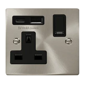 Click Deco VPSC785BK Victorian 13A Non-Ingot 1G Switched Socket   Type A&C USB - Satin Chrome (Black)