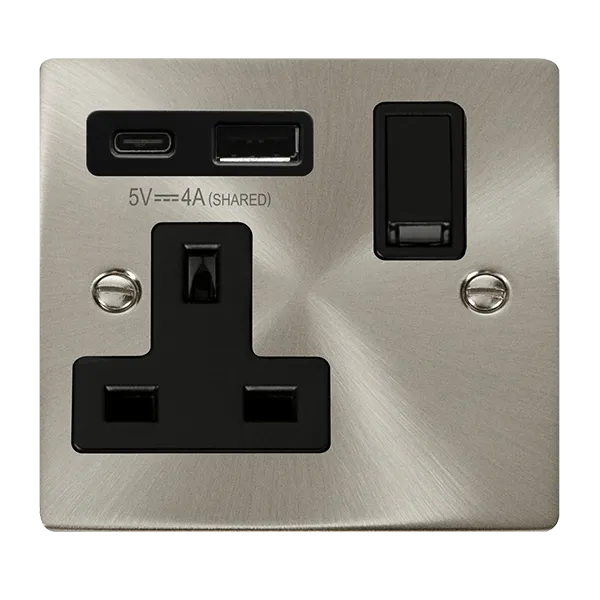 Click Deco VPSC785BK Victorian 13A Non-Ingot 1G Switched Socket   Type A&C USB - Satin Chrome (Black)