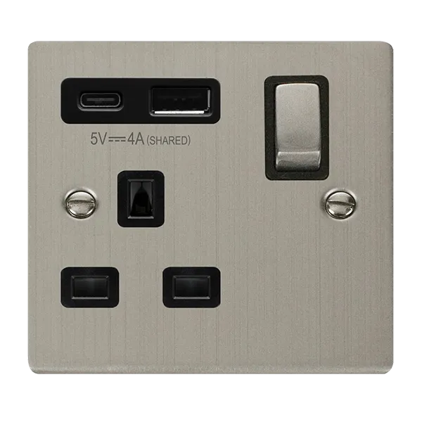Click Deco VPSS585BK Victorian 13A Ingot 1G Switched Socket   Type A&C USB - Stainless Steel (Black)