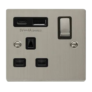 Click Deco VPSS585BK Victorian 13A Ingot 1G Switched Socket   Type A&C USB - Stainless Steel (Black)