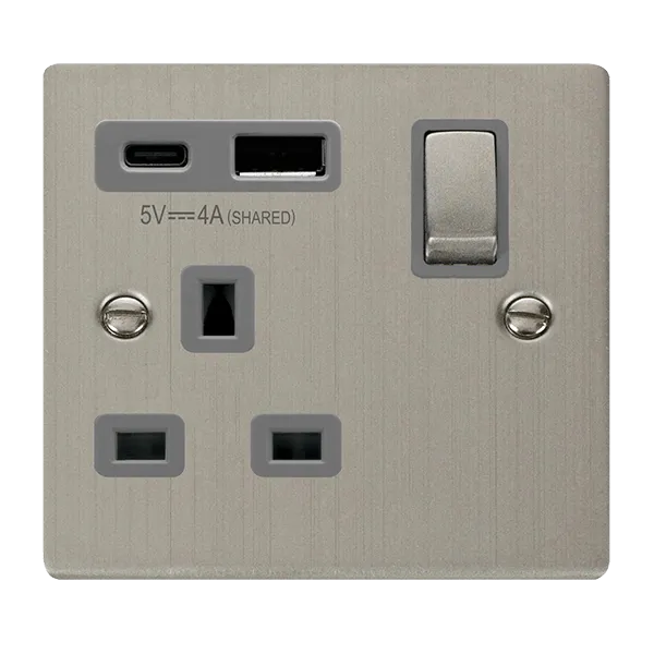 Click Deco VPSS585GY Victorian 13A Ingot 1G Switched Socket   Type A&C USB - Stainless Steel (Grey)
