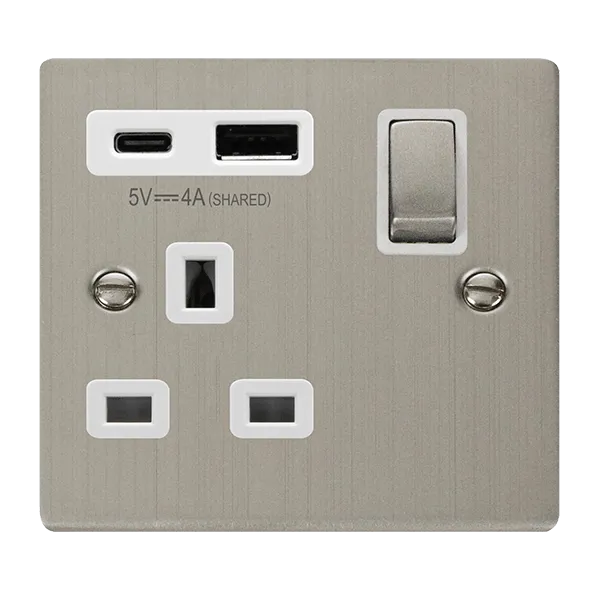 Click Deco VPSS585WH Victorian 13A Ingot 1G Switched Socket   Type A&C USB - Stainless Steel (White)