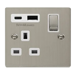 Click Deco VPSS585WH Victorian 13A Ingot 1G Switched Socket   Type A&C USB - Stainless Steel (White)