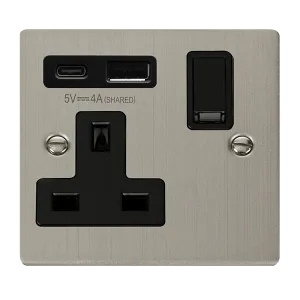 Click Deco VPSS785BK Victorian 13A Non-Ingot 1G Switched Socket   Type A&C USB - Stainless Steel (Black)