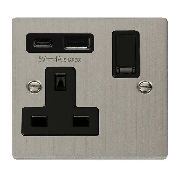 Click Deco VPSS785BK Victorian 13A Non-Ingot 1G Switched Socket   Type A&C USB - Stainless Steel (Black)