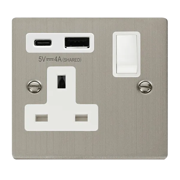 Click Deco VPSS785WH Victorian 13A Non-Ingot 1G Switched Socket   Type A&C USB - Stainless Steel (White)