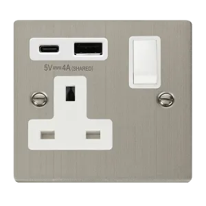 Click Deco VPSS785WH Victorian 13A Non-Ingot 1G Switched Socket   Type A&C USB - Stainless Steel (White)