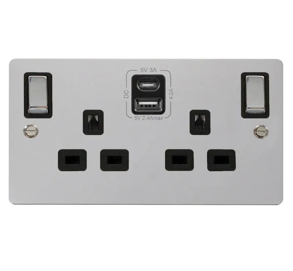 Click Define FPCH586BK Flat Plate 13A Ingot 2G Switched Socket   Type A&C USB - Polished Chrome (Black)