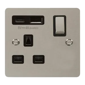 Click Define FPPN585BK Flat Plate 13A Ingot 1G Switched Socket   Type A&C USB - Polished Chrome (Black)