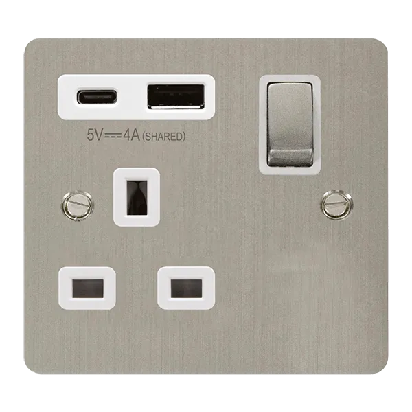 Click Define FPSS585WH Flat Plate 13A Ingot 1G Switched Socket   Type A&C USB - Stainless Steel (White)