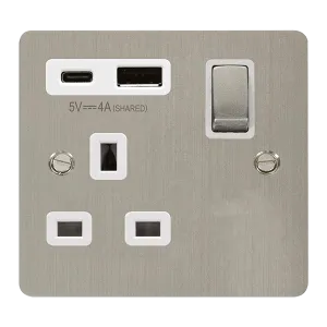 Click Define FPSS585WH Flat Plate 13A Ingot 1G Switched Socket   Type A&C USB - Stainless Steel (White)