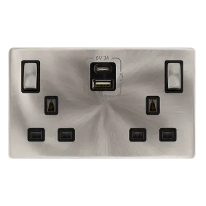 Click Definity Complete SFBS586BK 13A Ingot 2 Gang Switched Safety Shutter Socket With Type A & C USB - Brushed Steel Cover Plate - Black Insert