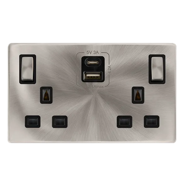 Click Definity Complete SFBS586BK 13A Ingot 2 Gang Switched Safety Shutter Socket With Type A & C USB - Brushed Steel Cover Plate - Black Insert
