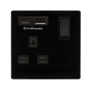 Click Definity Complete SFMB785BK 'Non Ingot' 13A 1  Gang  Switched Safety Shutter Socket Outlet with Type A & C USB (4A) Outlets - Metal Black - Black Inserts
