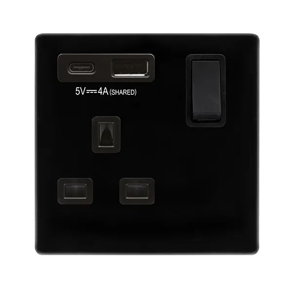 Click Definity Complete SFMB785BK 'Non Ingot' 13A 1  Gang  Switched Safety Shutter Socket Outlet with Type A & C USB (4A) Outlets - Metal Black - Black Inserts