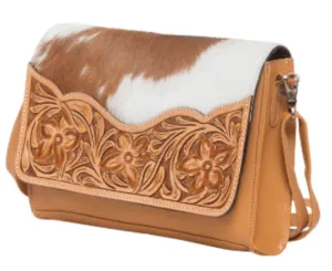 Cowhide Handbag with Tooled Leather