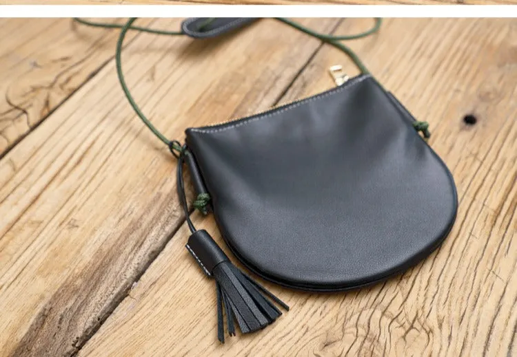 Cute Black LEATHER Side Bag Tassel Saddle WOMEN SHOULDER BAG Slim With Tassel Crossbody Pouch FOR WOMEN