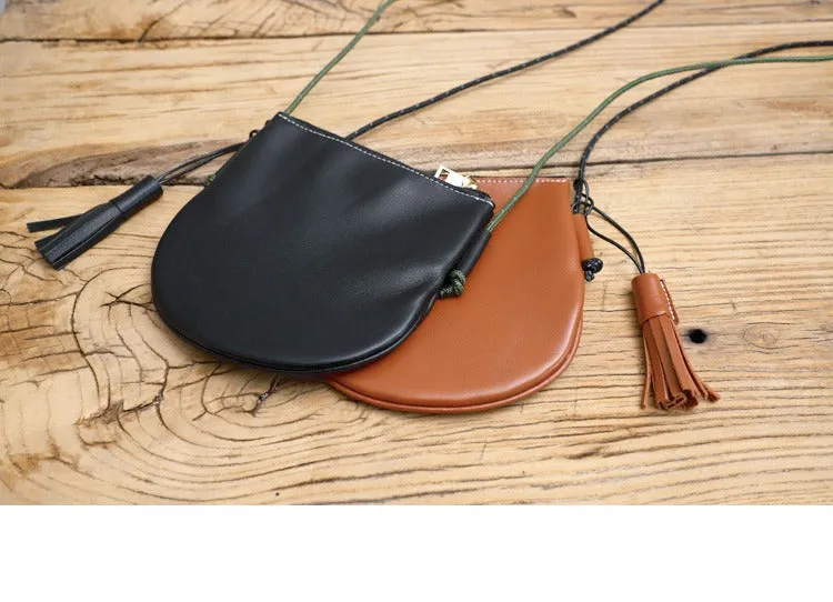 Cute Black LEATHER Side Bag Tassel Saddle WOMEN SHOULDER BAG Slim With Tassel Crossbody Pouch FOR WOMEN