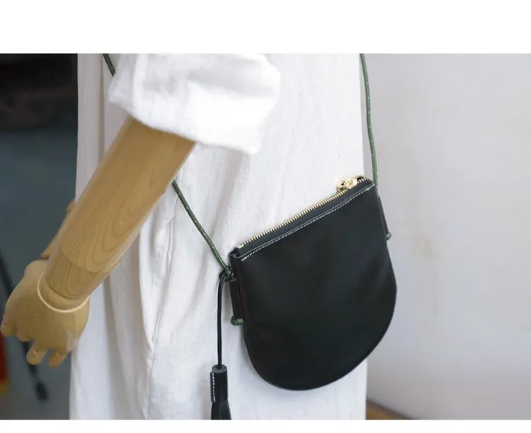 Cute Black LEATHER Side Bag Tassel Saddle WOMEN SHOULDER BAG Slim With Tassel Crossbody Pouch FOR WOMEN