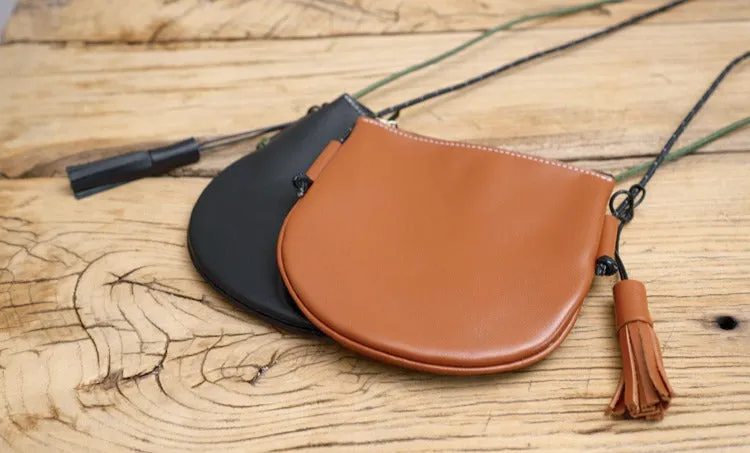 Cute Black LEATHER Side Bag Tassel Saddle WOMEN SHOULDER BAG Slim With Tassel Crossbody Pouch FOR WOMEN