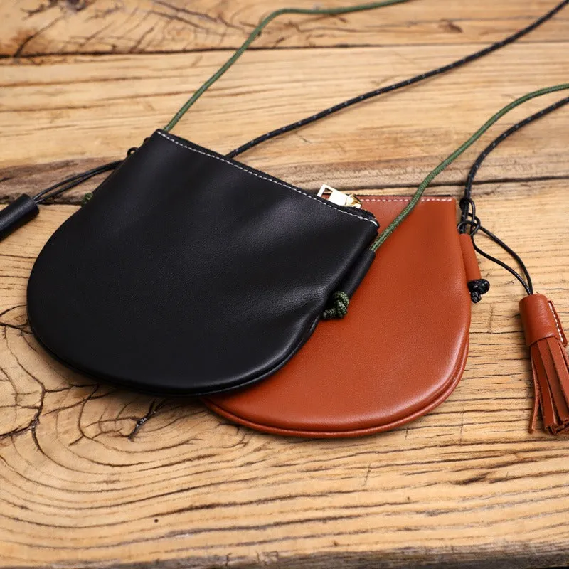 Cute Black LEATHER Side Bag Tassel Saddle WOMEN SHOULDER BAG Slim With Tassel Crossbody Pouch FOR WOMEN