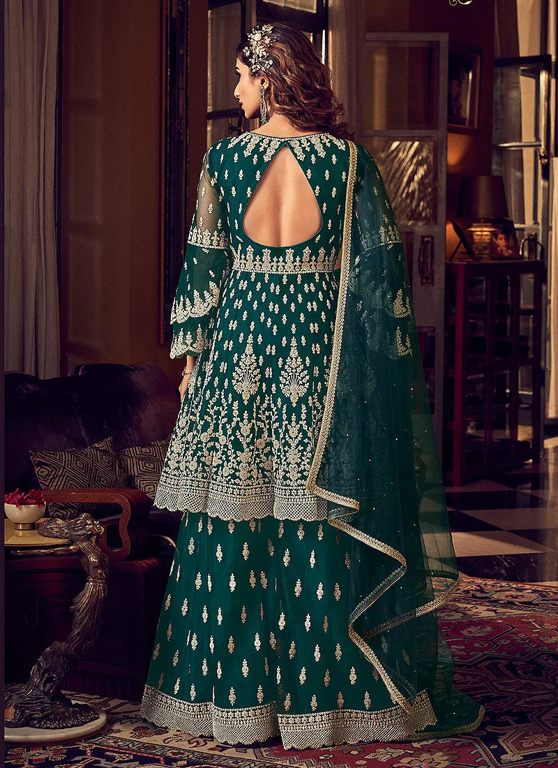 Dark Green Embroidered Sharara Suit