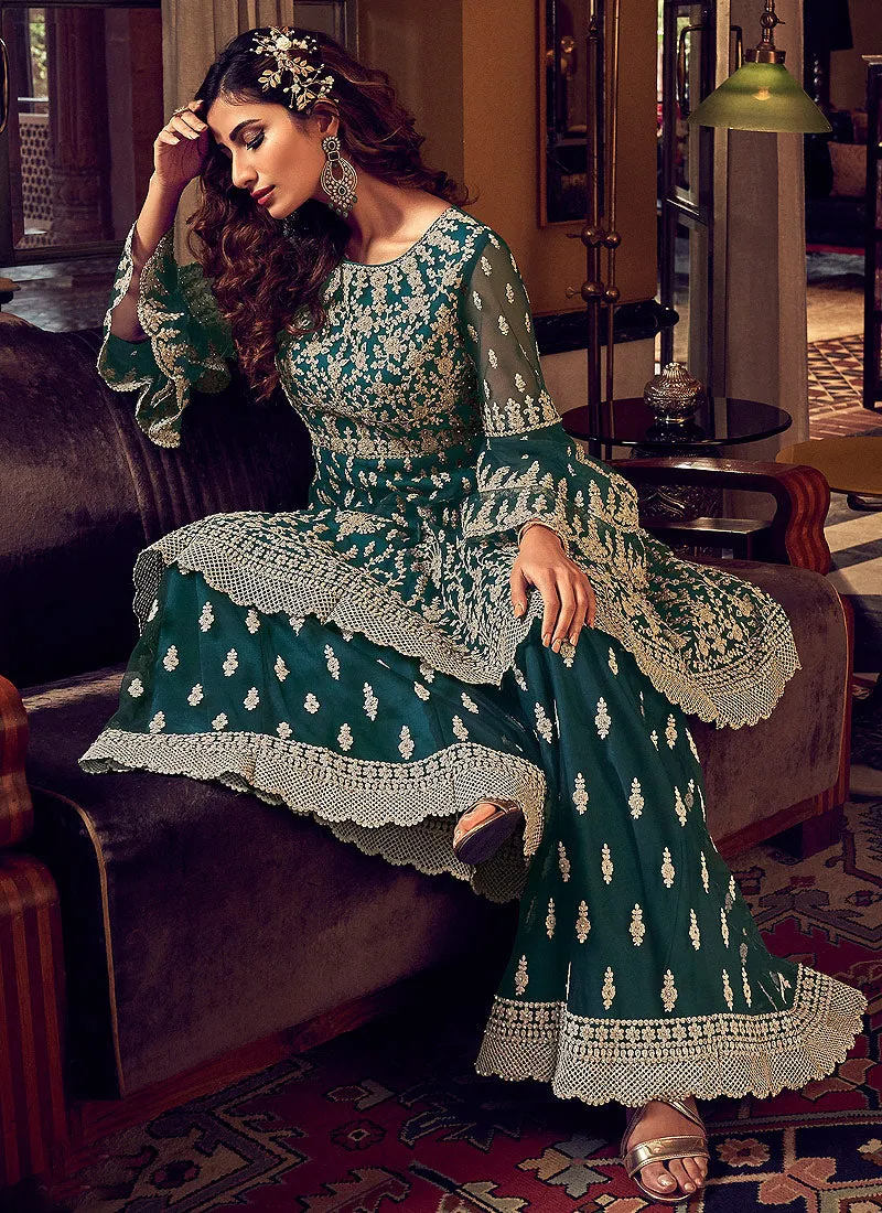 Dark Green Embroidered Sharara Suit
