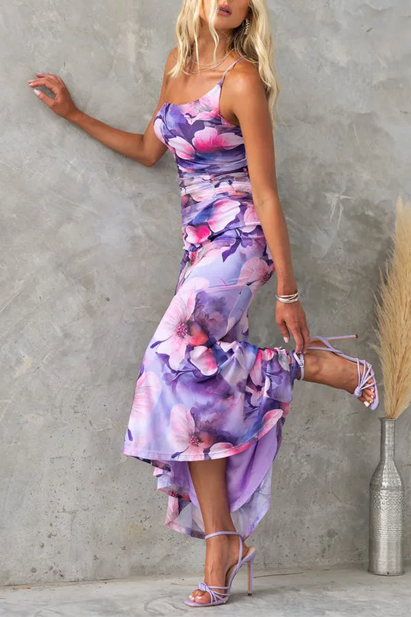Deja Mesh Overlay Floral Print One Shoulder Ruched Stretch Maxi Dress