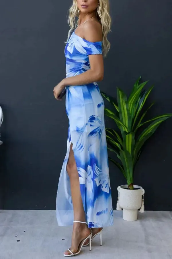 Escala Mesh Overlay Floral Print One Shoulder Cross Detail Slit Stretch Maxi Dress