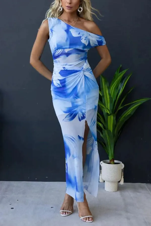 Escala Mesh Overlay Floral Print One Shoulder Cross Detail Slit Stretch Maxi Dress