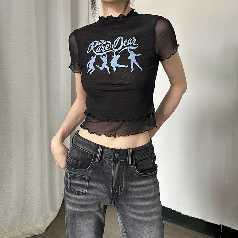 European And American-StyleinsStyle Women's Clothing2023Summer New Letter Printing Wooden Ear Light Mesh Slim FitTT-shirt Top