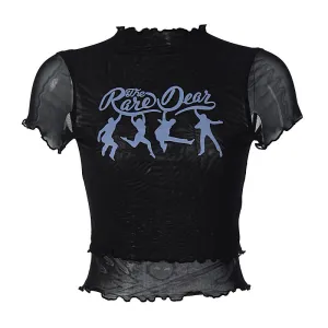 European And American-StyleinsStyle Women's Clothing2023Summer New Letter Printing Wooden Ear Light Mesh Slim FitTT-shirt Top