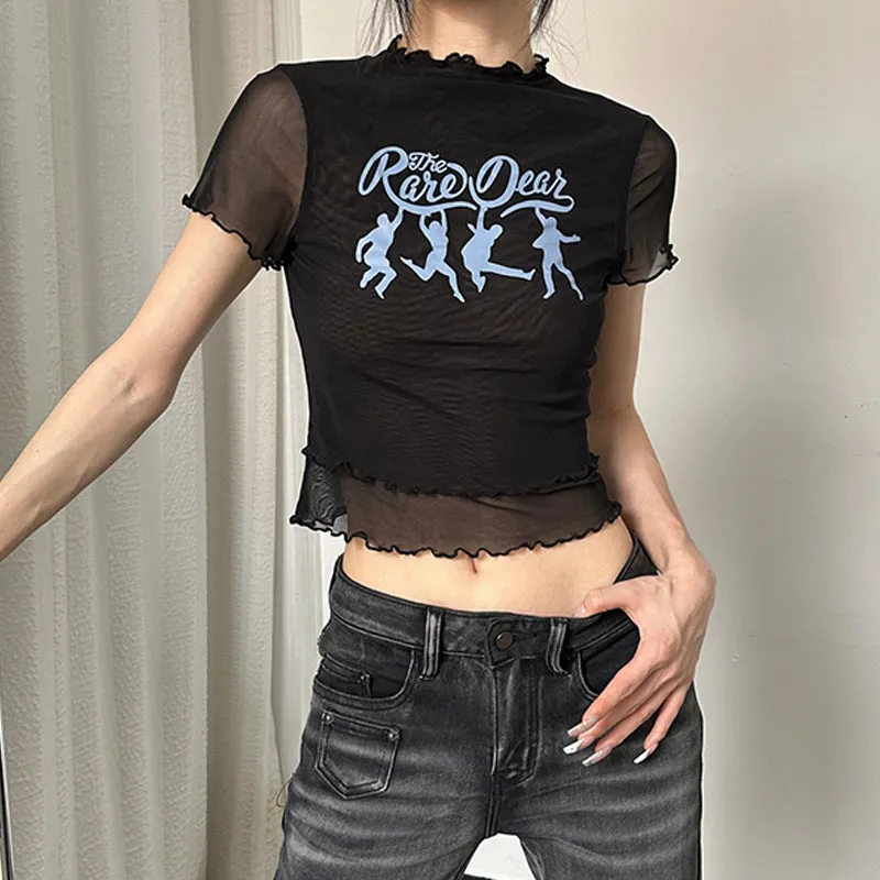 European And American-StyleinsStyle Women's Clothing2023Summer New Letter Printing Wooden Ear Light Mesh Slim FitTT-shirt Top