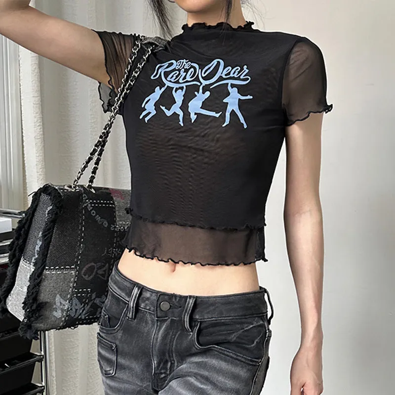 European And American-StyleinsStyle Women's Clothing2023Summer New Letter Printing Wooden Ear Light Mesh Slim FitTT-shirt Top