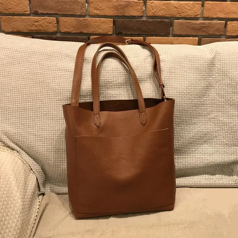 Fashion Womens Brown Leather Vertical Tote Bag Black Shoulder Tote Bag Handbag Tote For Women