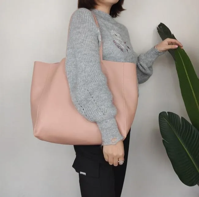 Fashion Womens Light Pink Leather Oversize Tote Bag Pink Shoulder Tote Bag Pink Handbag Tote For Women