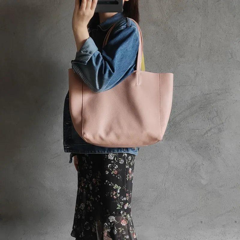 Fashion Womens Light Pink Leather Oversize Tote Bag Pink Shoulder Tote Bag Pink Handbag Tote For Women