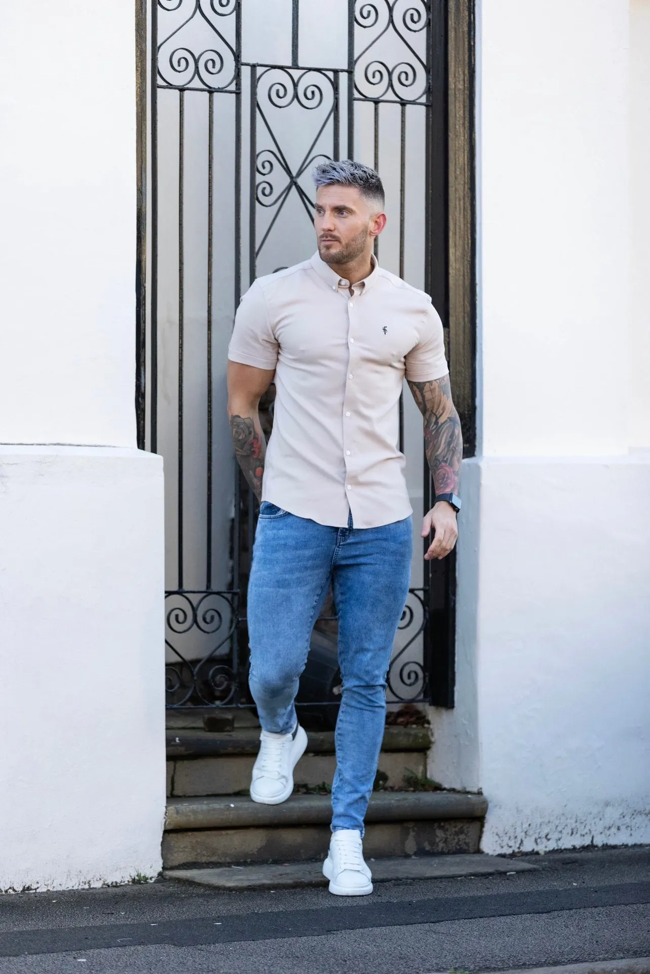 Father Sons Super Slim Scuba Taupe Short Sleeve Stretch White Buttons - FS487W