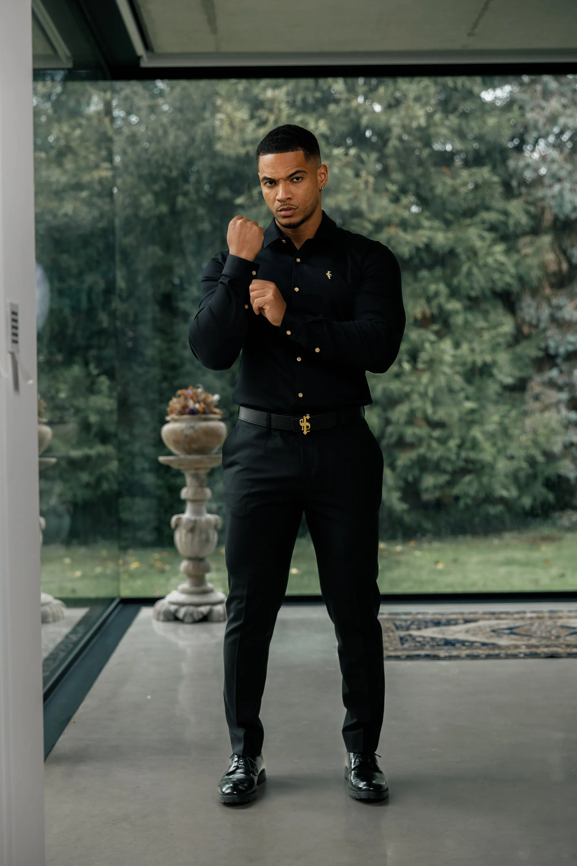 Father Sons Super Slim Stretch Black Denim Long Sleeve with Gold Metal Decal and Buttons - FS923