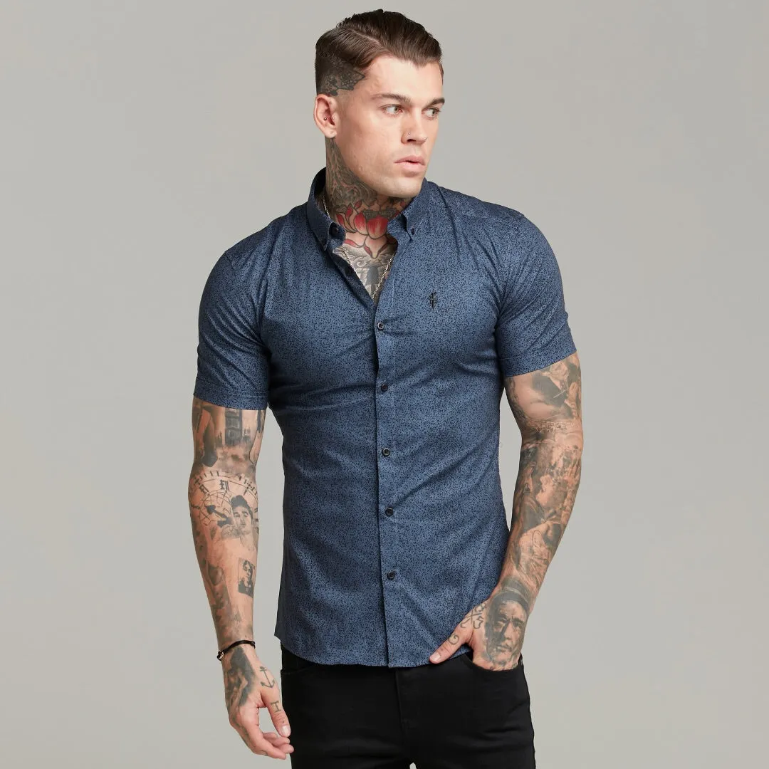 Father Sons Super Slim Stretch Classic Blue and Black Dapple Print Short Sleeve - FS437