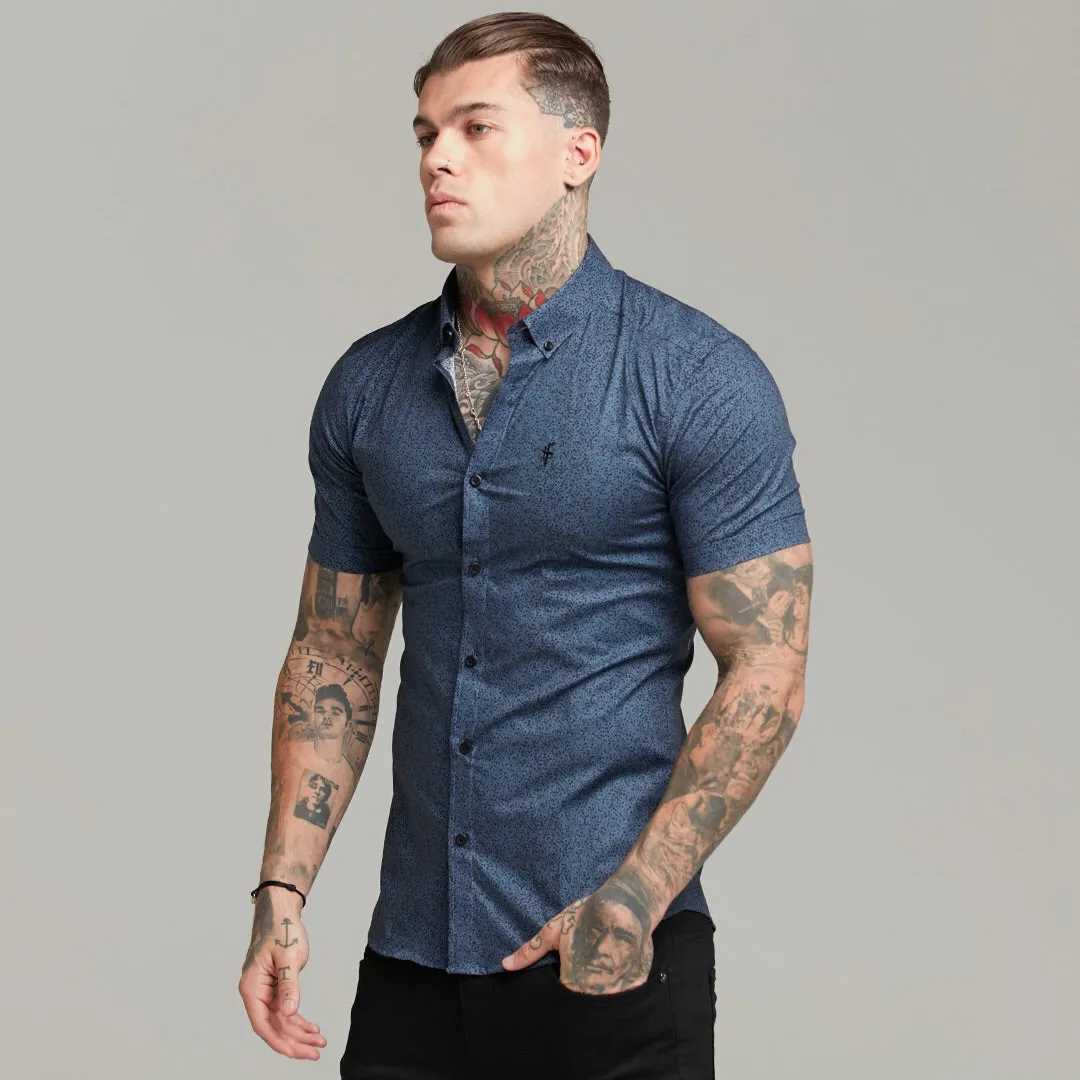 Father Sons Super Slim Stretch Classic Blue and Black Dapple Print Short Sleeve - FS437