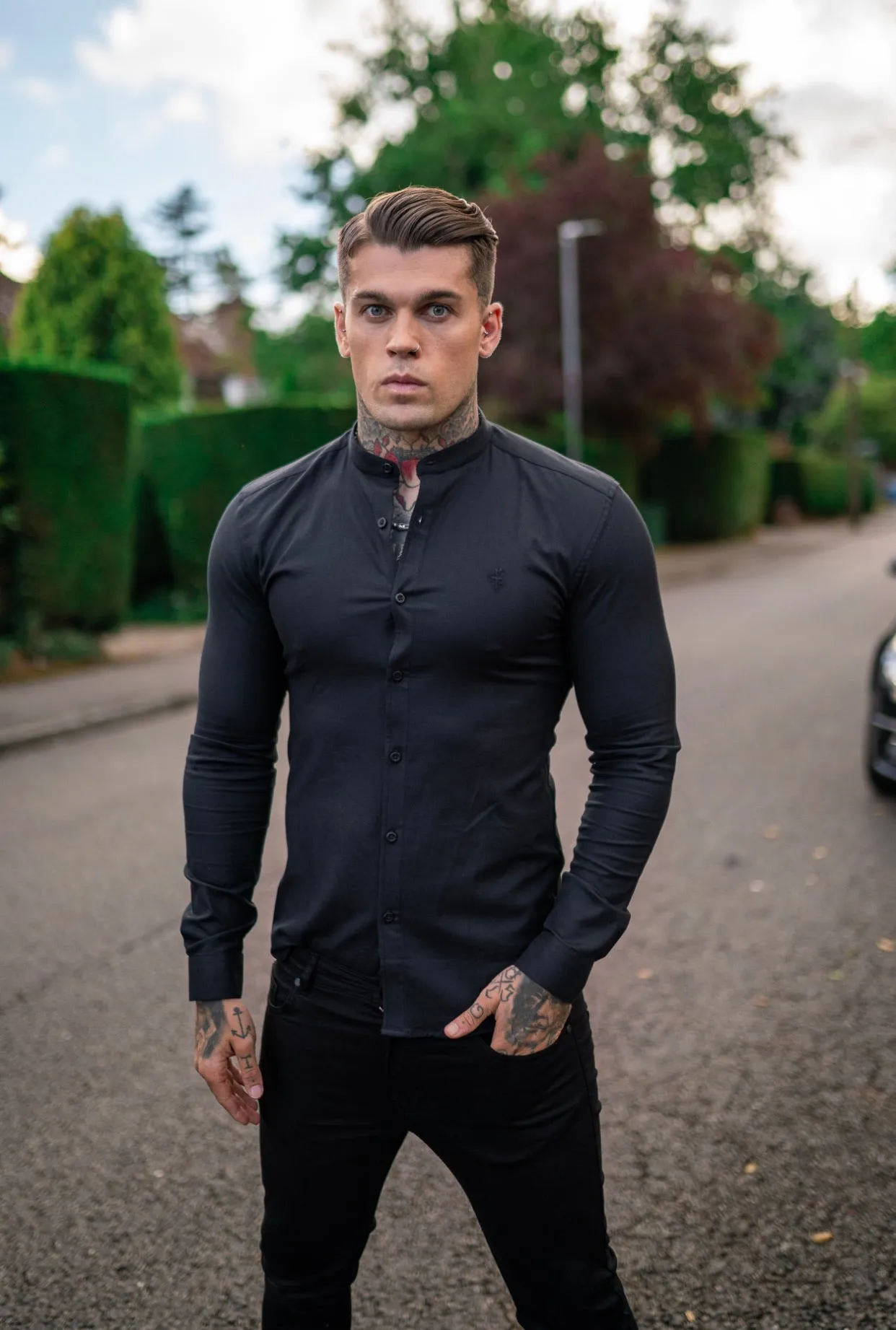 Father Sons Super Slim Stretch Classic Oxford Black Grandad Collar - FS729