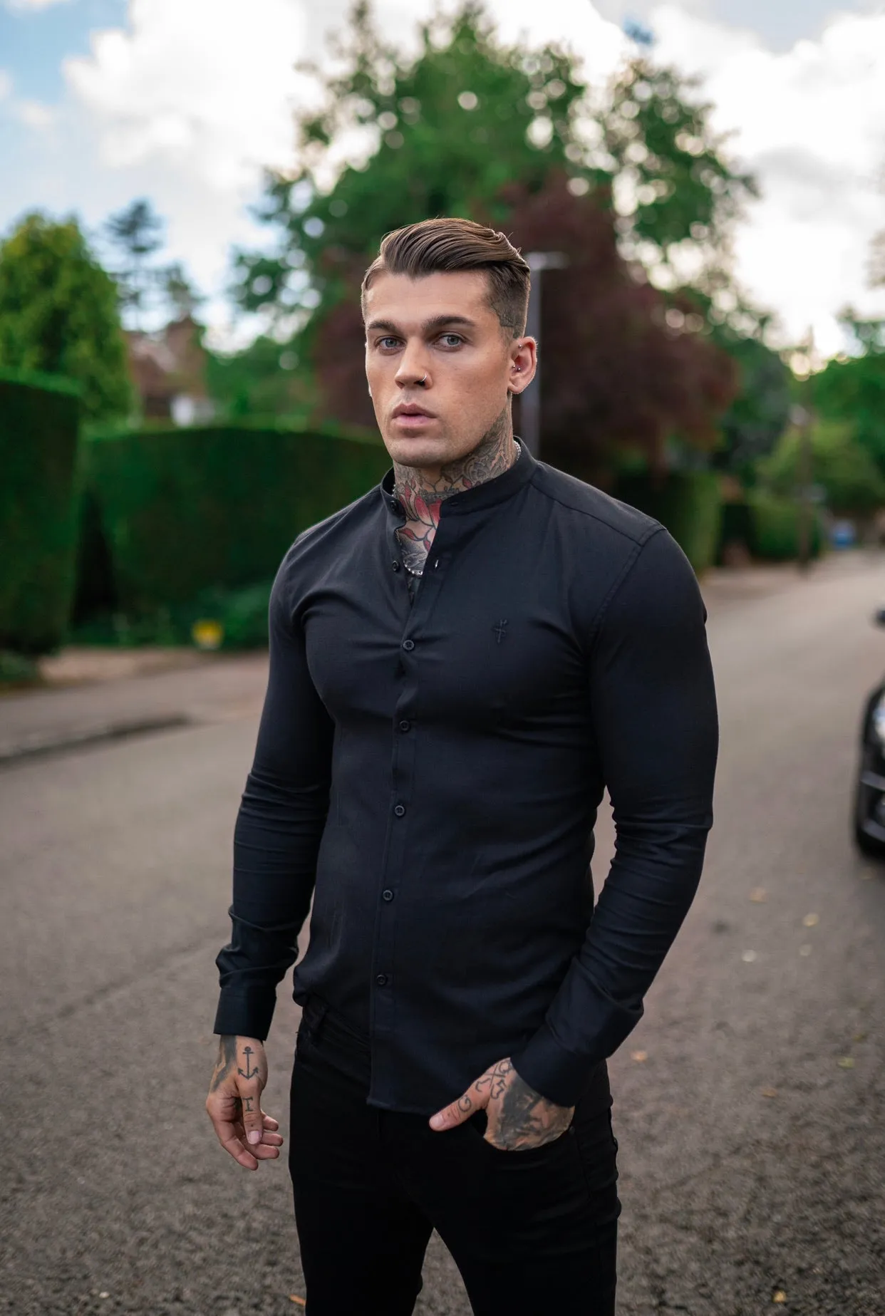 Father Sons Super Slim Stretch Classic Oxford Black Grandad Collar - FS729