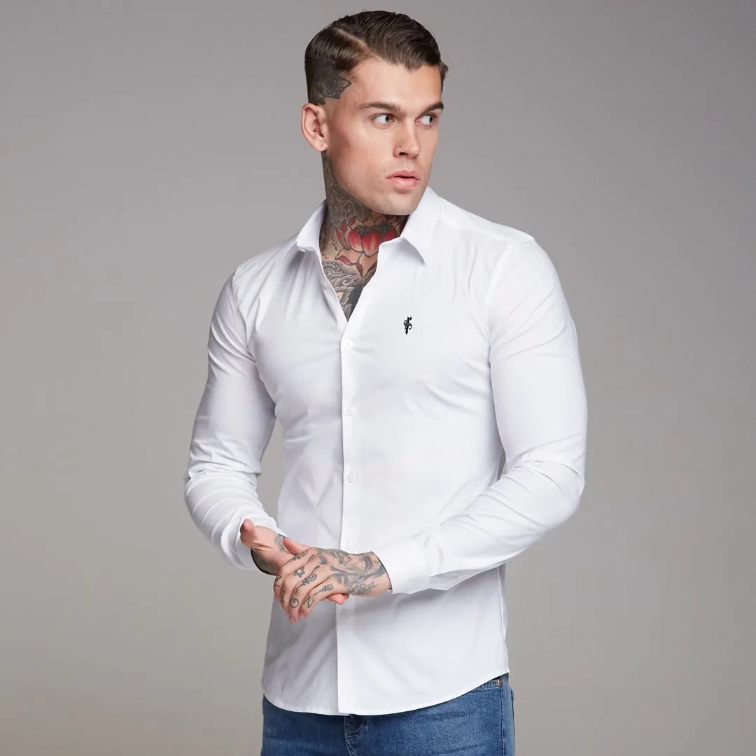 Father Sons Super Slim Stretch Classic White Shirt (Black Embroidery) - FS516
