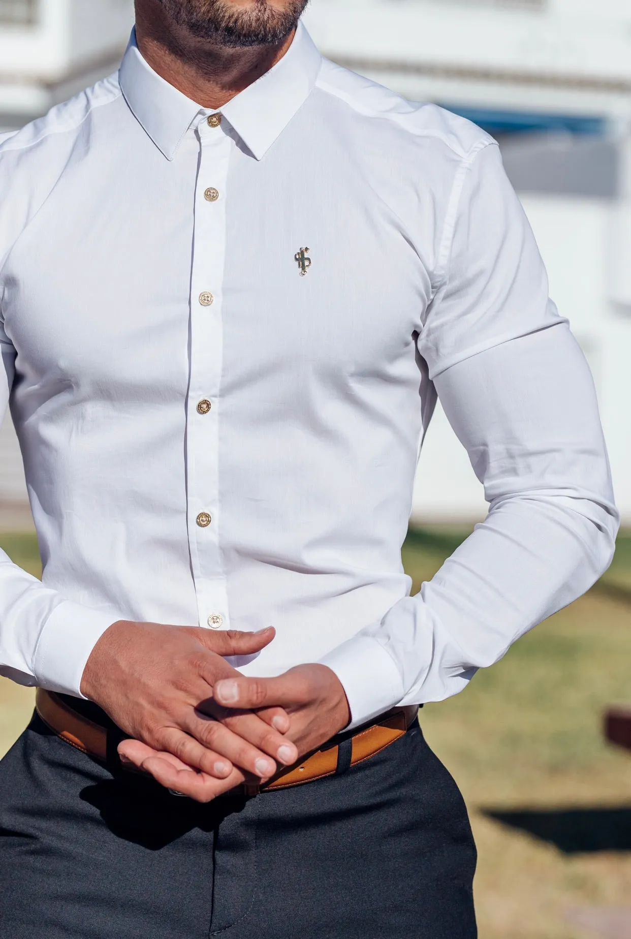 Father Sons Super Slim Stretch Classic White with Gold Buttons and Emblem -  FS727