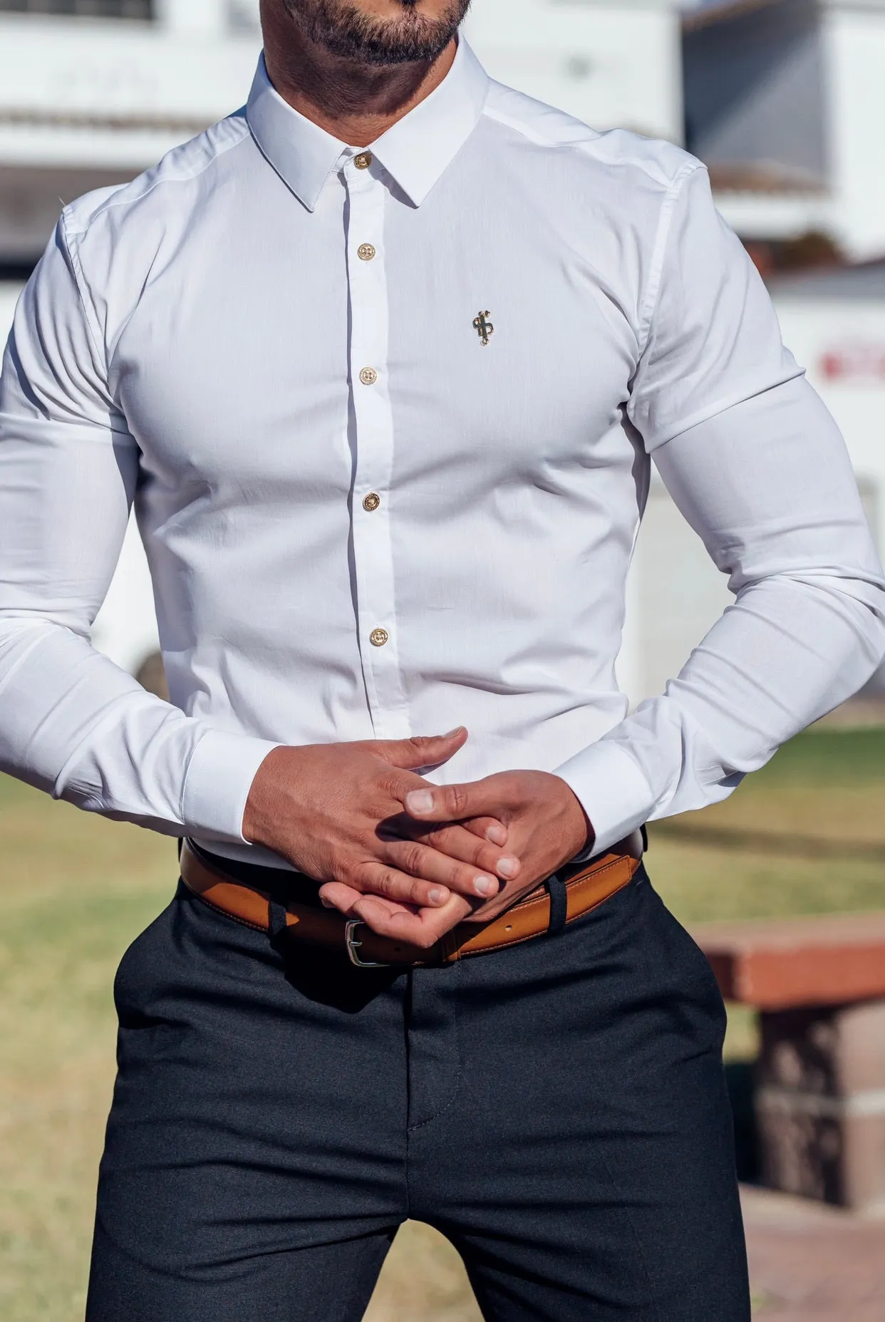 Father Sons Super Slim Stretch Classic White with Gold Buttons and Emblem -  FS727